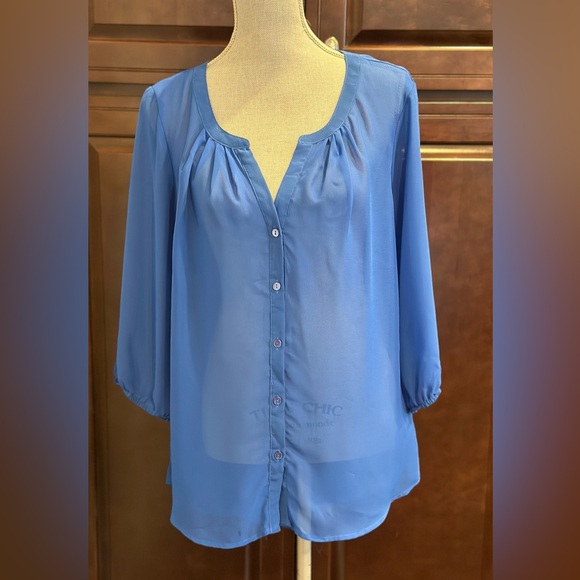 Olsenboye Sheer blue blouse top shirt size large - Picture 1 of 4